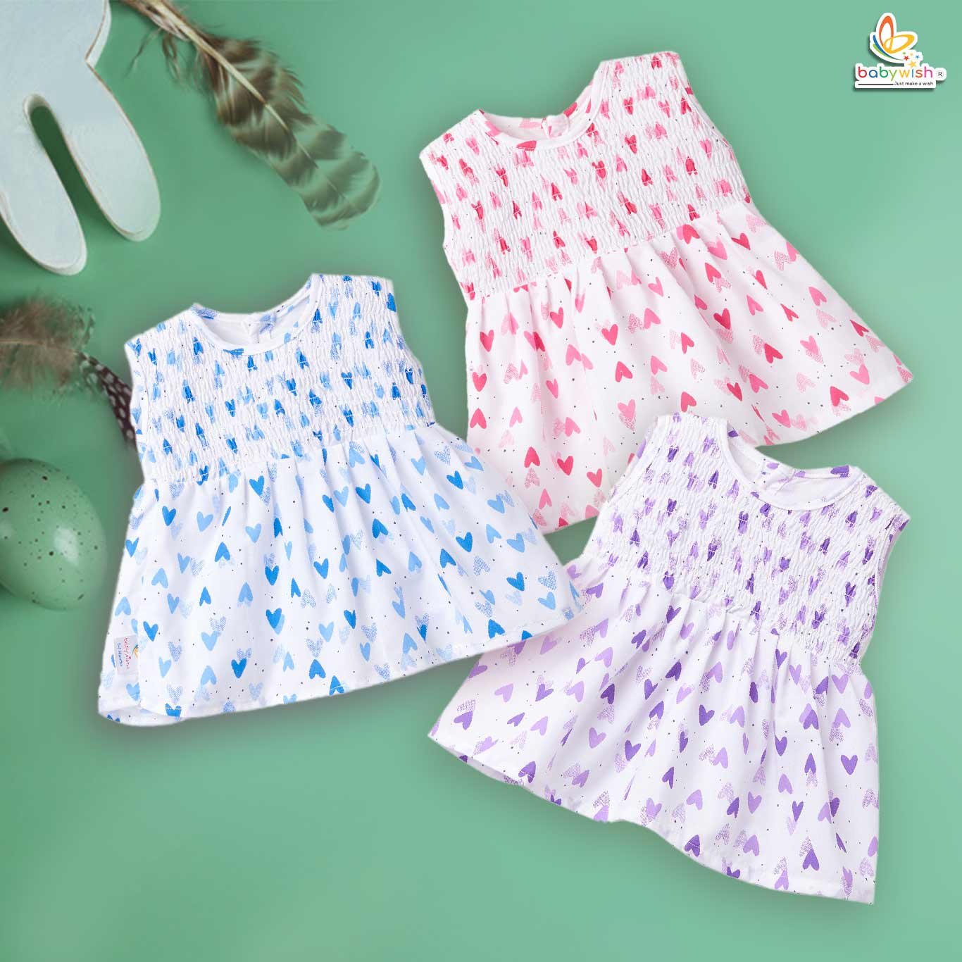 Babywish Baby Girl Cotton Frock Newborn Girl Knee Length Sleeveless Dress Heart Theme Printed