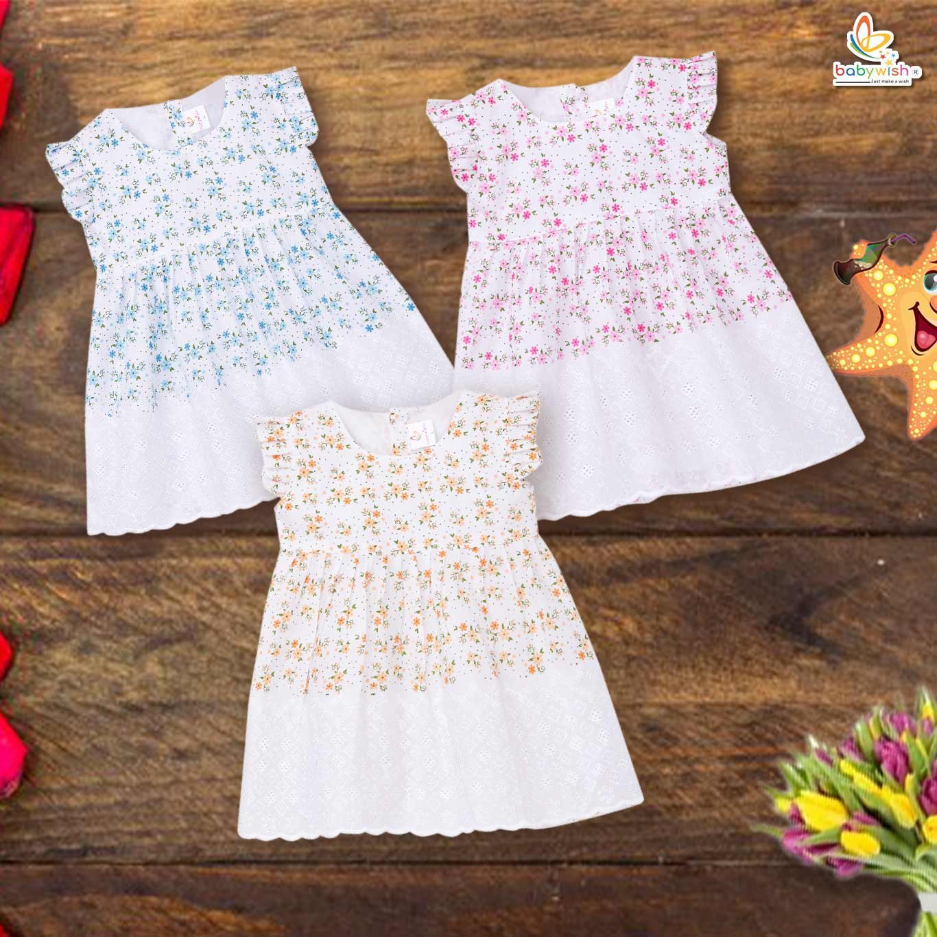 Babywish Baby Girl Cotton Frock Newborn Girl Knee Length Sleeveless Dress Lily Floral Theme Printed