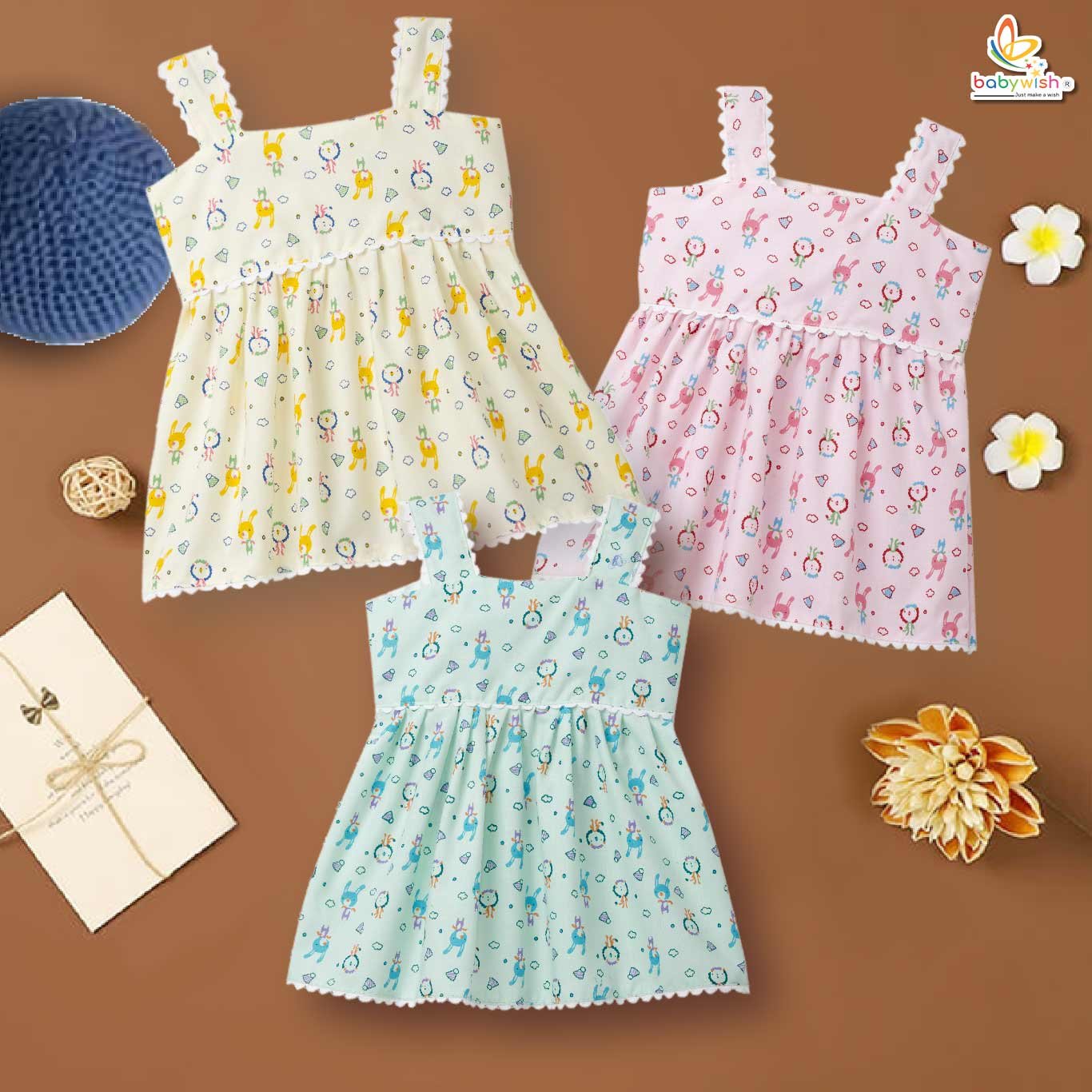 Babywish Baby Girl Cotton Frock Newborn Girl Knee Length Sleeveless Dress Rabbit Theme Printed