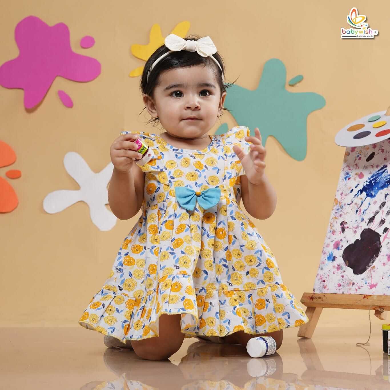 Babywish Baby Girl Cotton Frock Newborn Girl Knee Length Sleeveless Dress Sunflower Theme Printed