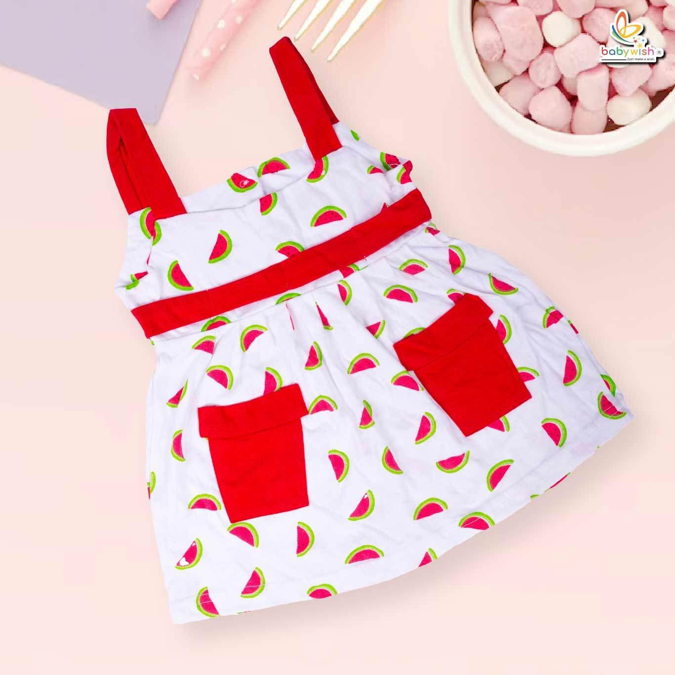 Babywish Baby Girl Cotton Frock Newborn Girl Knee Length Sleeveless Dress Red Watermelon Theme Theme Printed