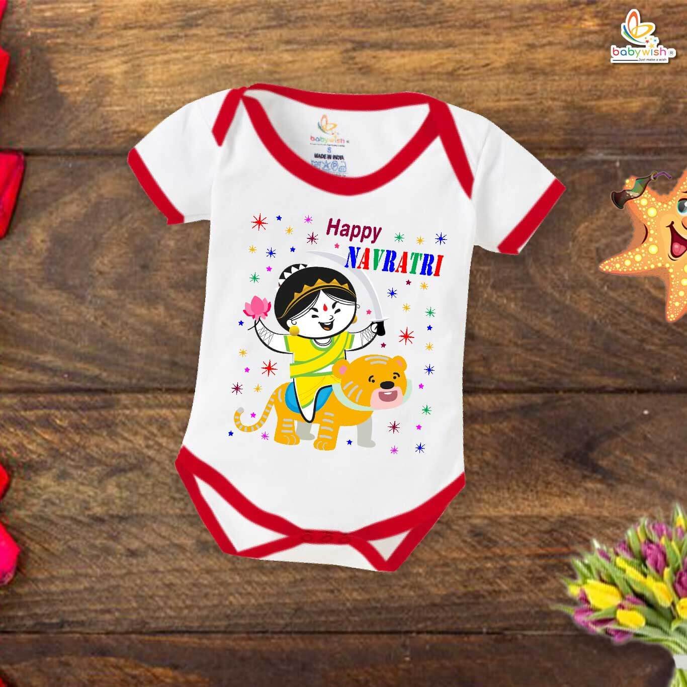 Baby Navratri Romper Bodysuit for Boys and Girls, My First Dussehra Outfit, Happy Navratri Printed Onesie, Soft Cotton Romper for Festive Celebration Babywish