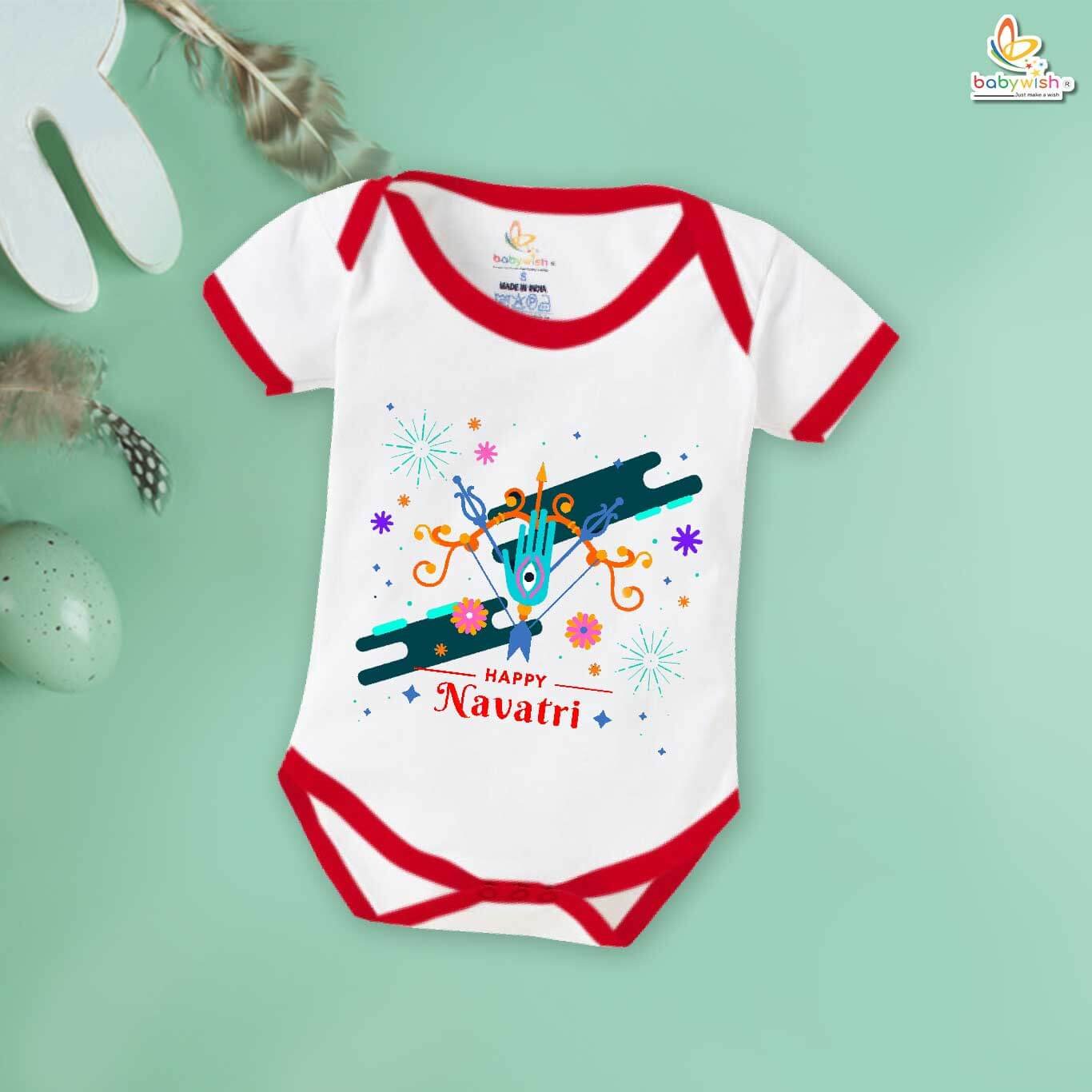 Baby Navratri Romper Bodysuit for Boys and Girls, My First Dussehra Outfit, Happy Navratri Blessings Printed Onesie, Comfortable Cotton Romper for Festive Celebration Babywish