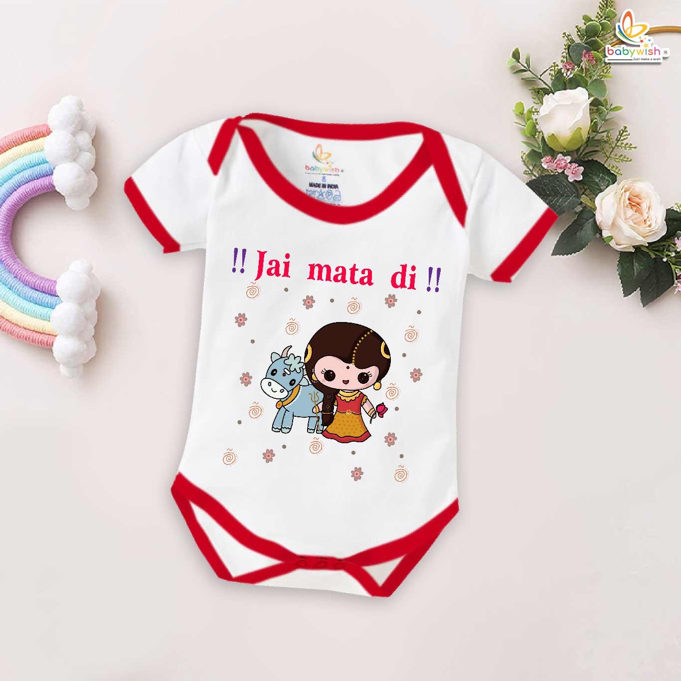 Baby Navratri Romper Bodysuit for Girls, My First Dussehra, Jai Mata Di Print, Festive Baby Outfit – Babywish