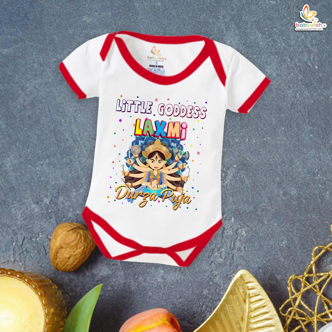 Baby Navratri Romper Bodysuit for Girls, My First Dussehra, Little Goddess Laxmi Print, Soft Cotton Onesie for Festive Fun – Babywish