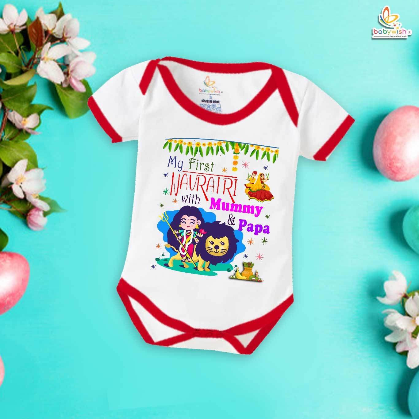 Baby Navratri Romper Bodysuit for Boys and Girls, My First Dussehra Outfit, My First Navratri with Mummy & Papa Print Onesie, Soft Cotton Romper Babywish