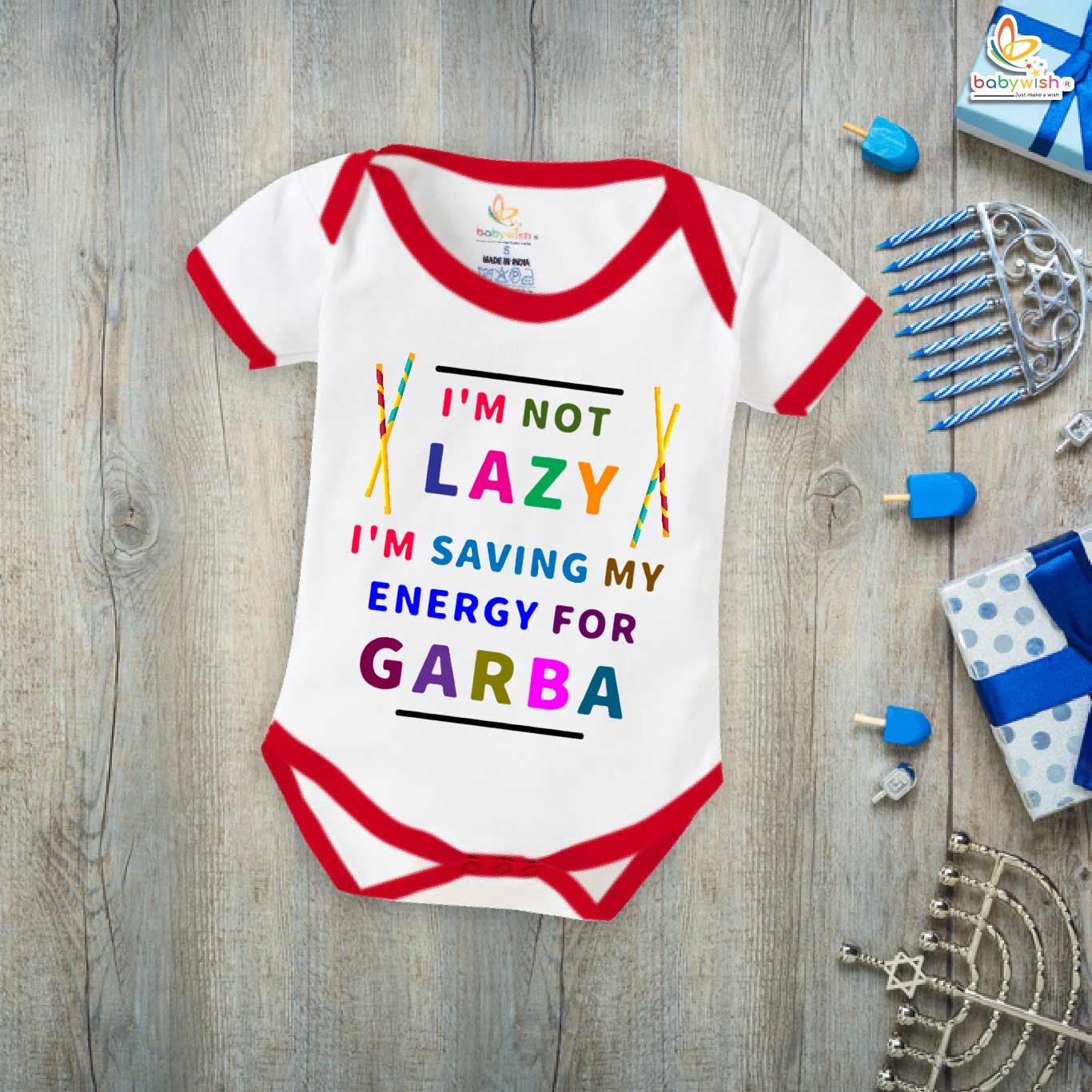 Baby Navratri Romper Bodysuit for Girls, My First Dussehra, "I am not Lazy, I'm Saving Energy for Garba" Print Outfit – Babywish