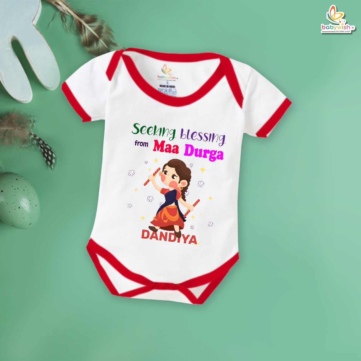 Baby Navratri Romper Bodysuit for Girls, My First Dussehra, Seeking Blessings from Maa Durga, Festive Outfit – Babywish