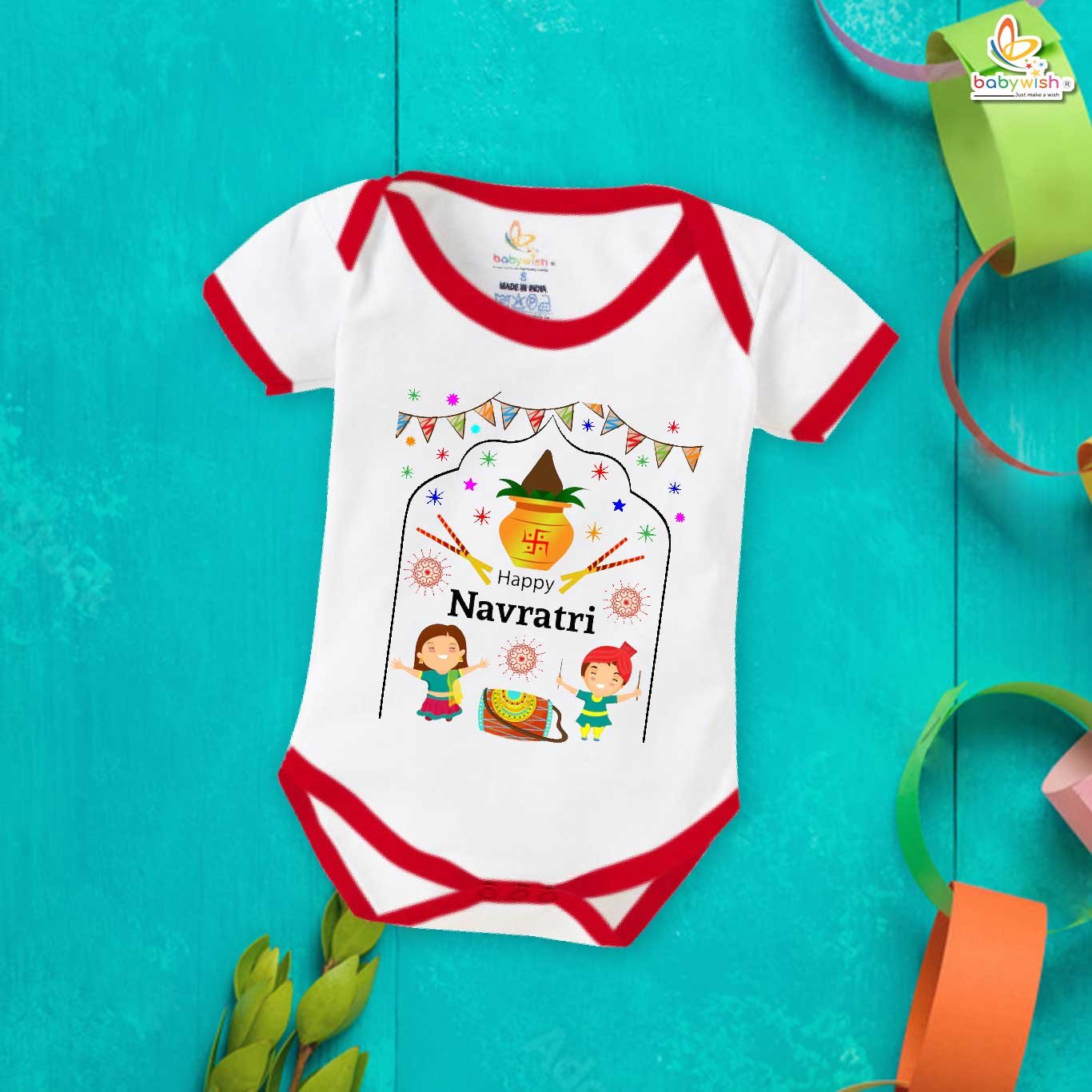 Baby Navratri Romper Bodysuit for Boys and Girls, My First Dussehra Outfit, Happy Navratri Temple Printed Onesie, Comfortable Cotton Romper for Festive Celebration Babywish