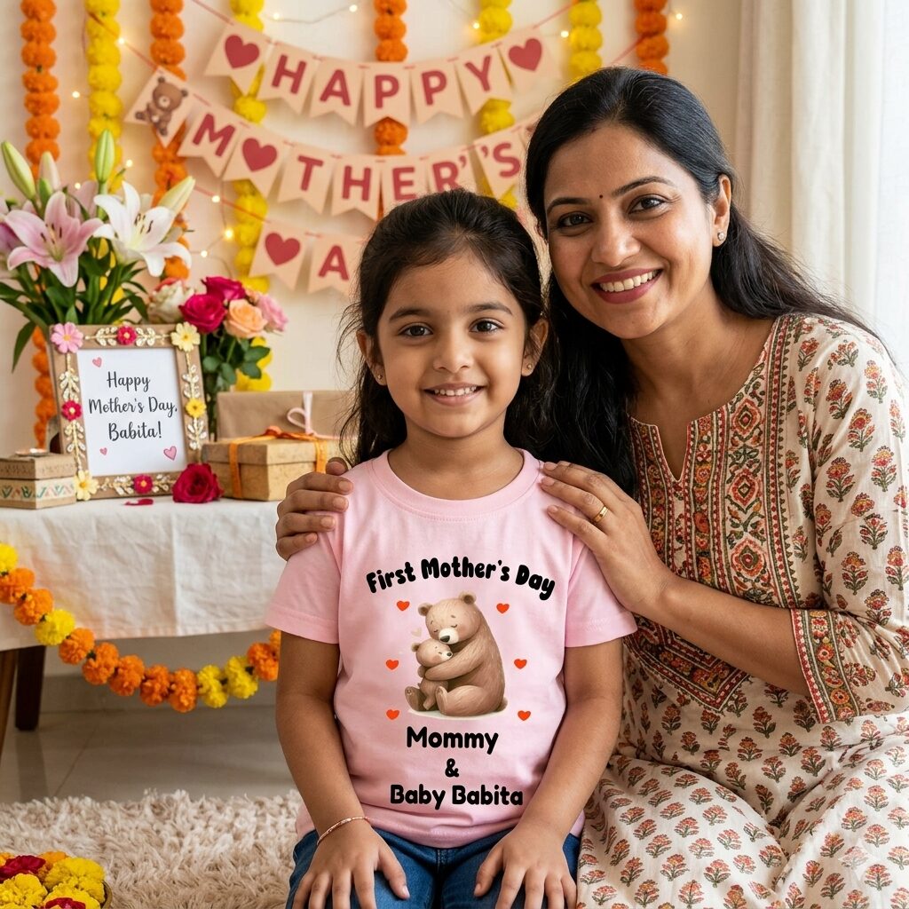 First Mother’s Day Baby T-Shirt Cute Bear Print Cotton Soft Newborn Outfit Gift Mommy & Baby Matching Tee | 6-12 Months or 1-12 Years For Baby Boy Or Girl | Babywish
