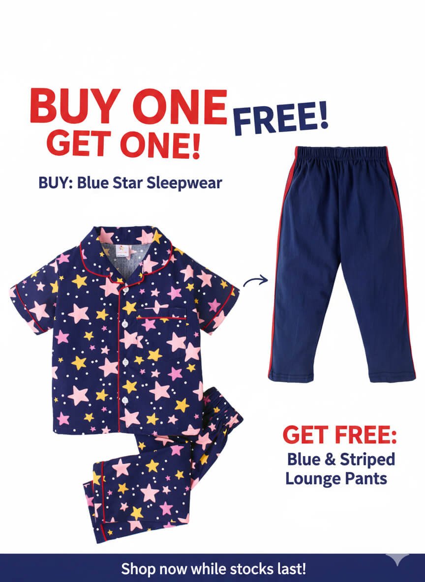 Babywish Blue Star Children's Sleepwear Perfect Soft Cotton Pajama Set with Bonus Playtime Lounge Pants Buy One Get One Free