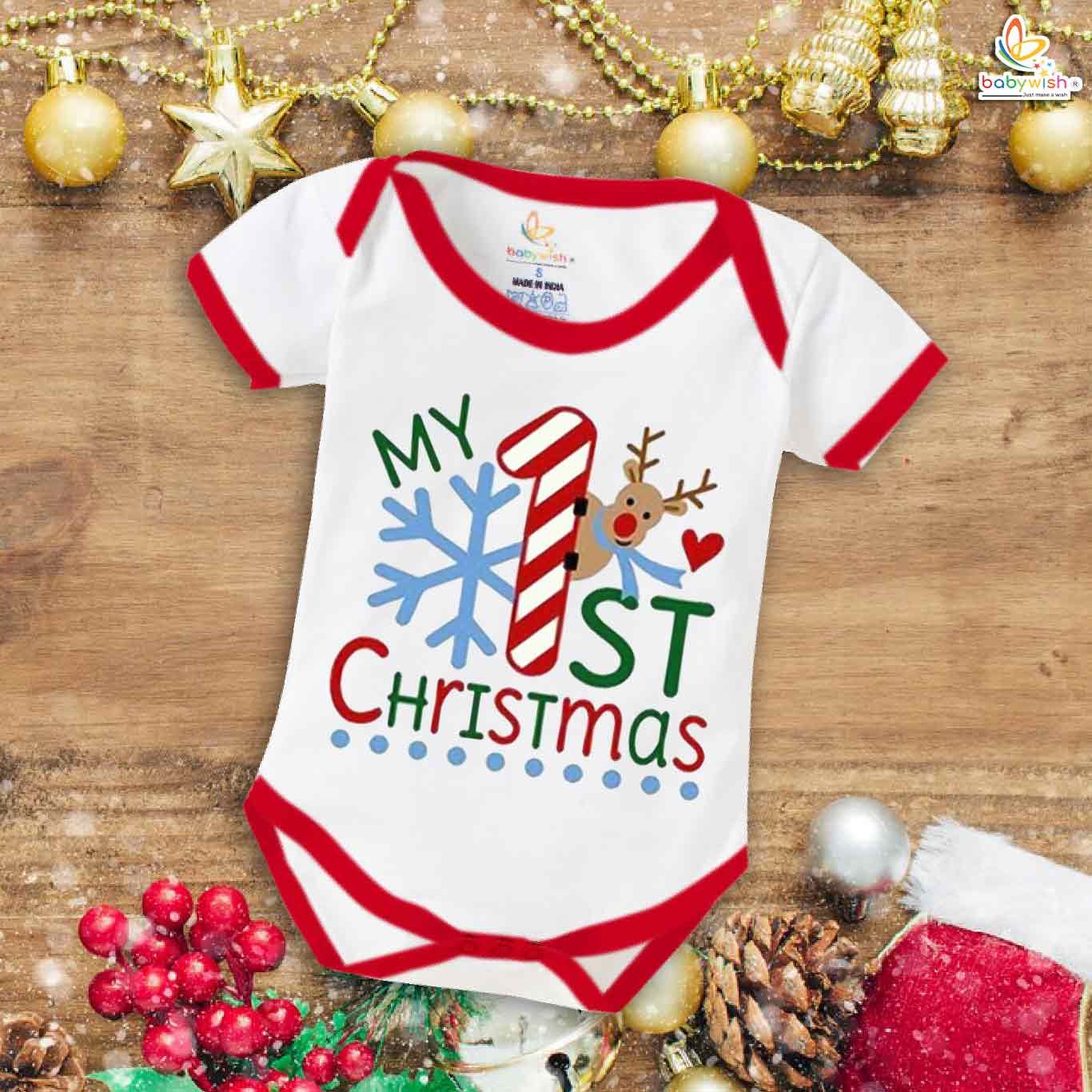 Babywish Christmas Romper Clothes My First Merry Christmas Bodysuits – Adorable Deer Print Outfit for Newborn & Infant First Christmas Celebration