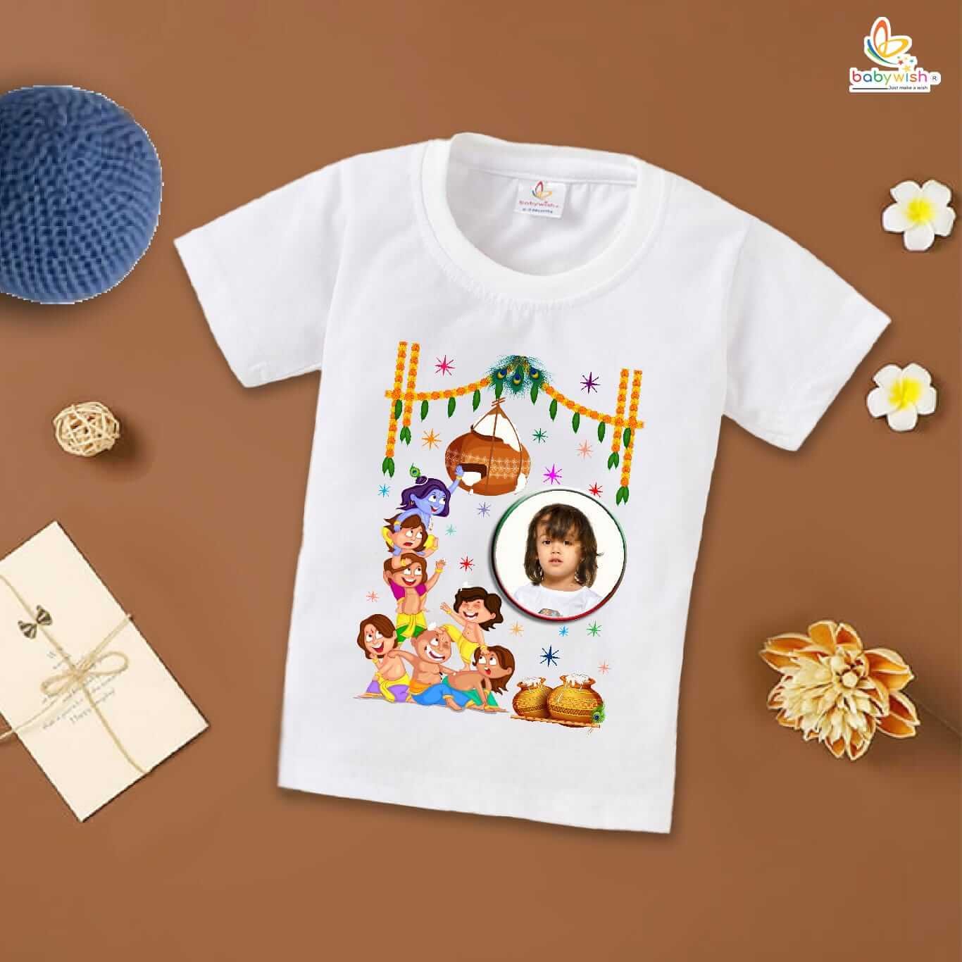Cute Dahi Handi T-Shirt for Boys and Girls, Krishna Janmashtami Outfit, Soft Cotton Half Sleeve Topwear, Happy Krishna Janmashtami Celebration Tee Babywish