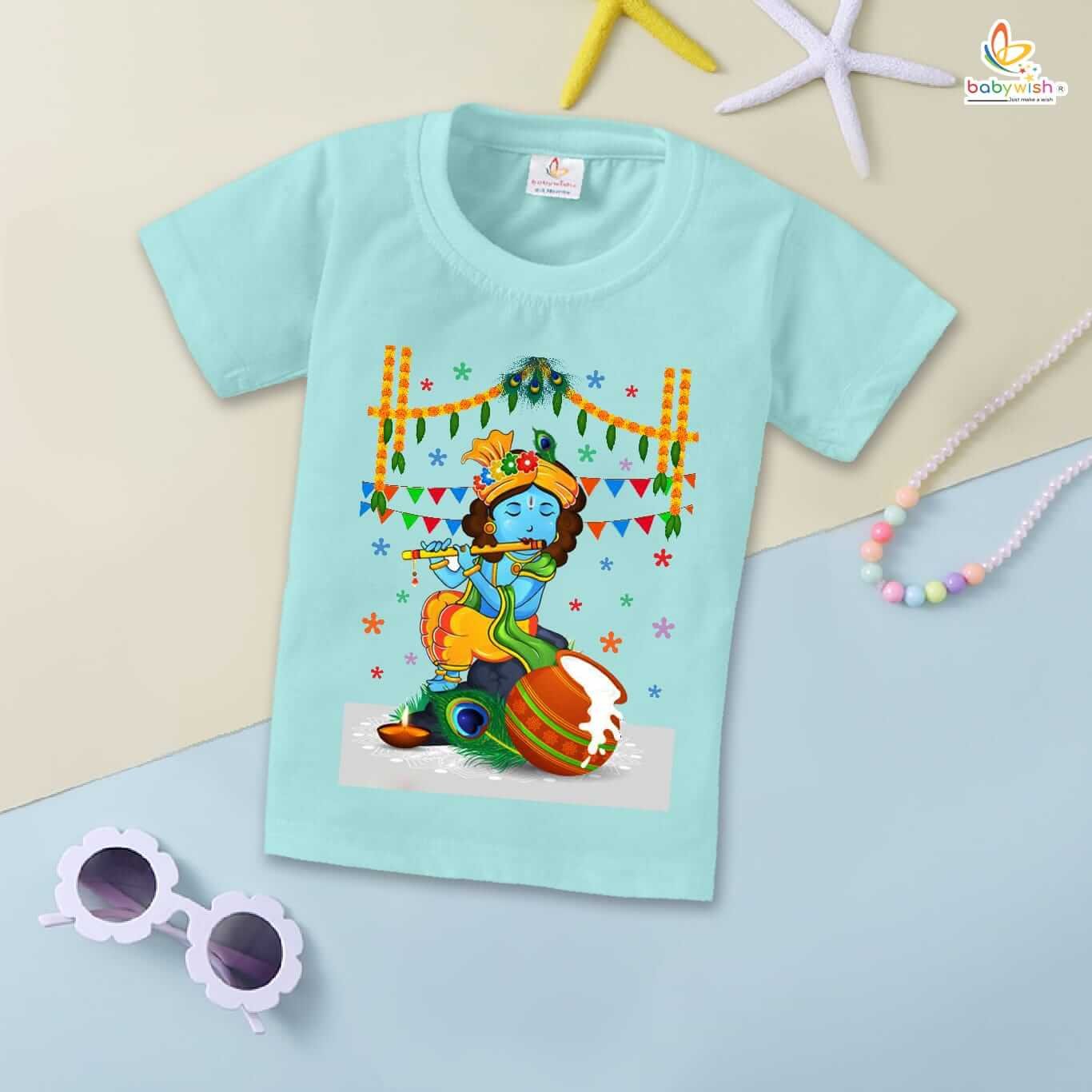 Dahi Handi T-Shirt for Boys and Girls, Krishna Janmashtami Celebration Tee, Soft Cotton Half Sleeve Topwear, Happy Krishna Janmashtami Outfit Babywish
