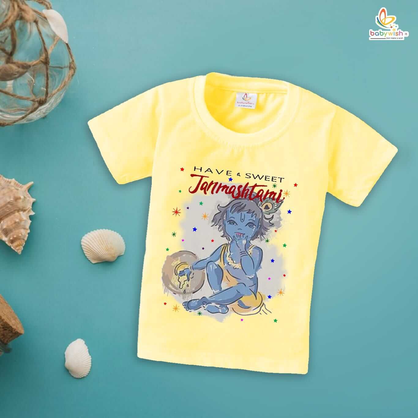 Krishna Janmashtami T-Shirt for Boys and Girls, Dahi Handi Celebration Tee, Soft Cotton Half Sleeve Topwear, Happy Krishna Janmashtami Outfit Babywish