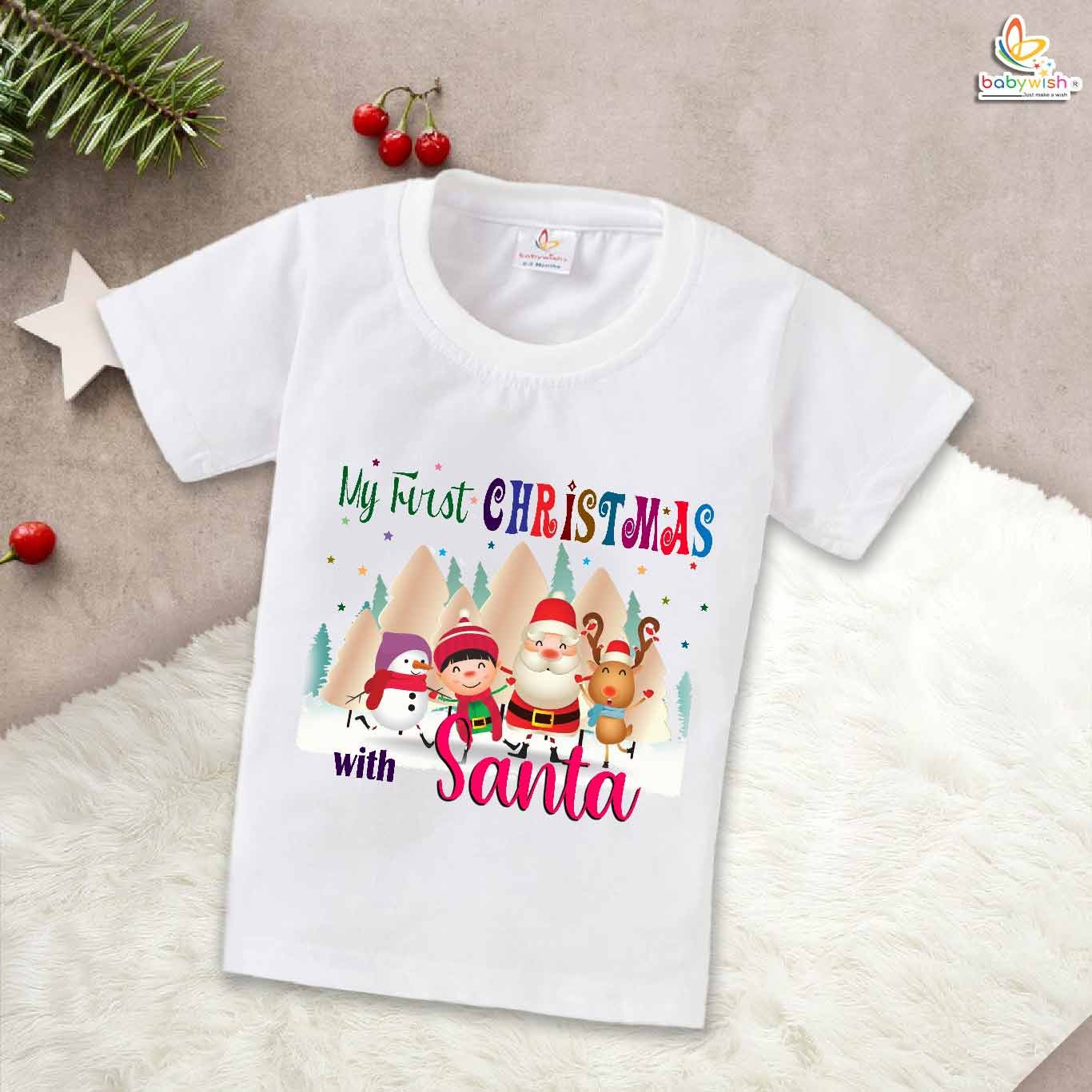 Babywish Christmas T-shirt My First Christmas T-shirt Merry Christmas With Santa Mountain Print
