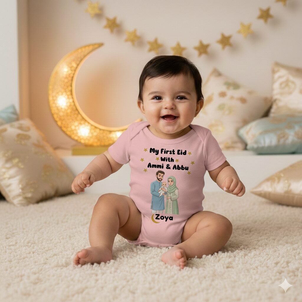 Adorable My First Eid Baby Romper – Cute Eid Outfit for Newborn | Soft Cotton Festive Wear | Eid Mubarak Printed Romper for Baby Boys & Girls | 0–12 Months – Babywish