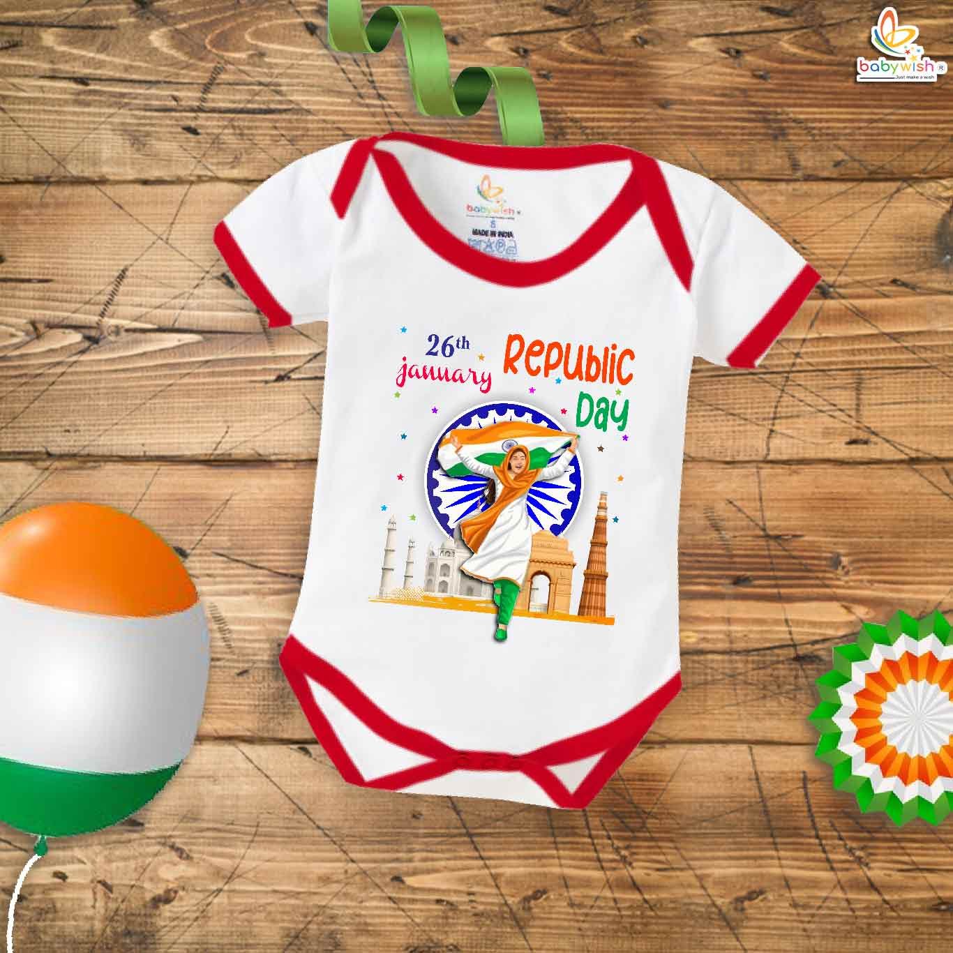 My First Republic Day Romper | 26th January Baby Girl Bodysuit with Indian Flag Print | Patriotic Infant Outfit for Republic Day – Babywish