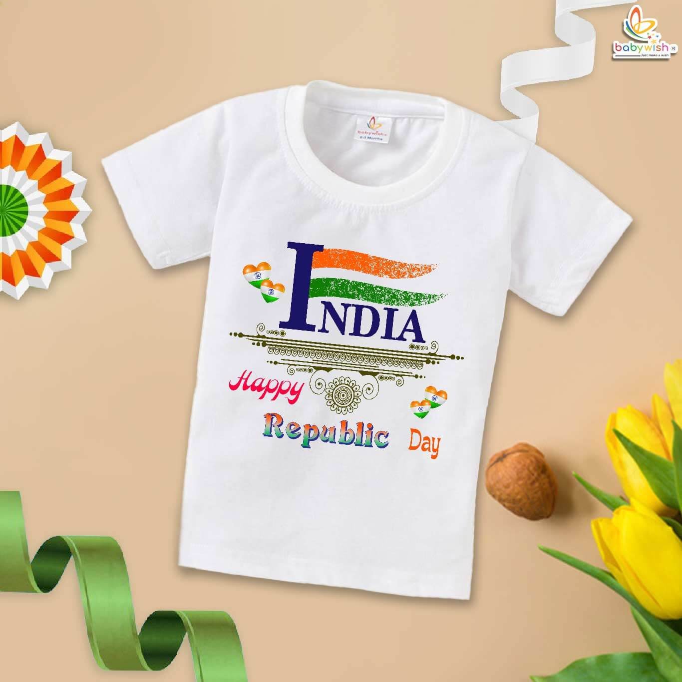 Happy Republic Day baby t shirt featuring Indian flag design