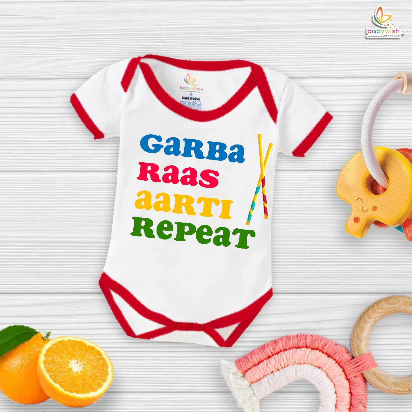 Baby Navratri Romper Bodysuit for Girls, My First Dussehra, Garba Raas Aarti Repeat Print, Festive Navratri Outfit – Babywish