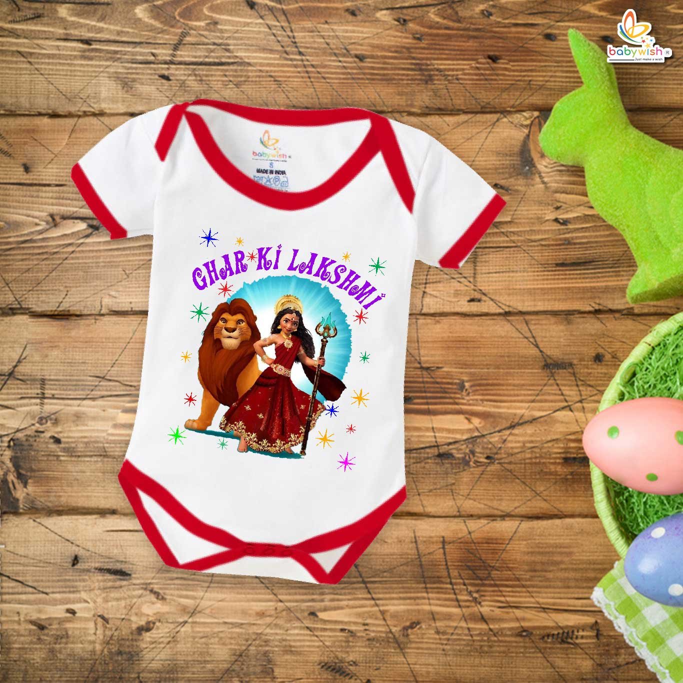 Baby Navratri Romper Bodysuit for Boys and Girls, My First Dussehra Outfit, Ghar Ki Laxshami Printed Onesie, Comfortable Cotton Romper for Festive Celebration Babywish