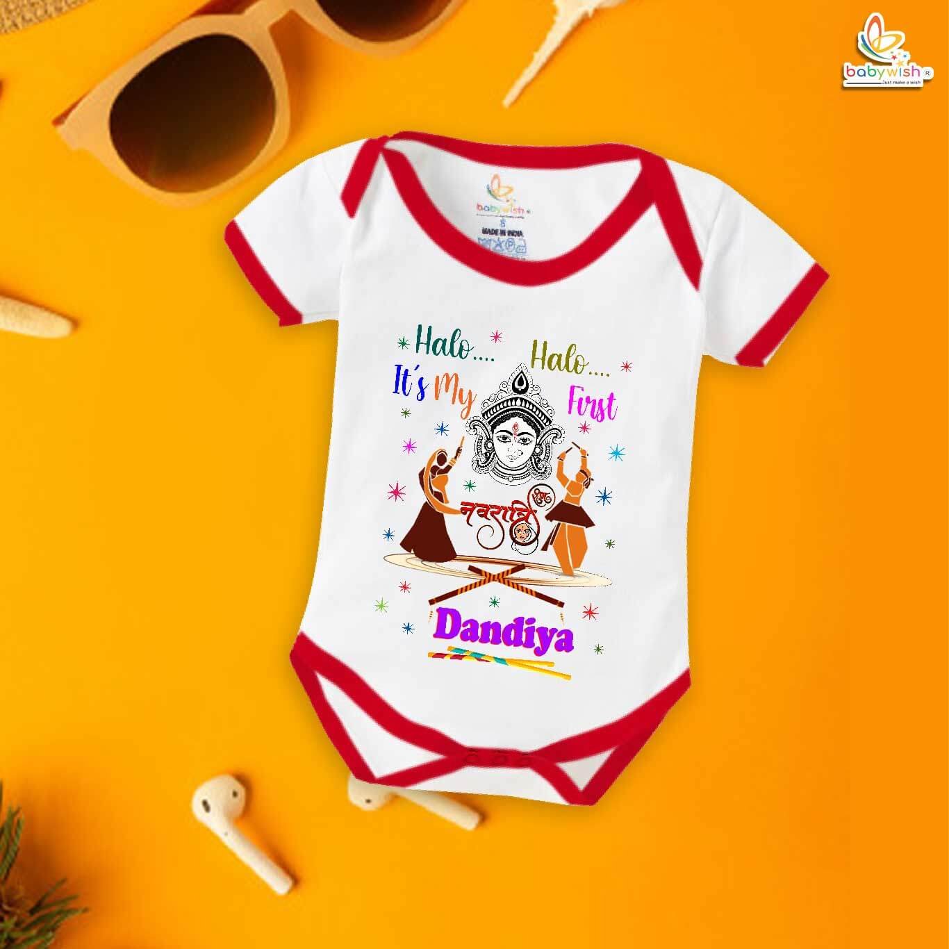 Baby Navratri Romper Bodysuit for Girls, My First Dussehra, Halo Halo It's My First Dandiya Outfit, Festival Celebration – Babywish