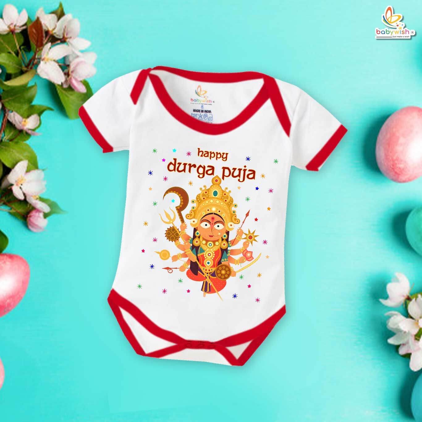 Baby Navratri Romper Bodysuit for Boys and Girls, My First Dussehra Outfit, Happy Durga Pooja Printed Onesie, Comfortable Cotton Romper for Festive Celebration Babywish