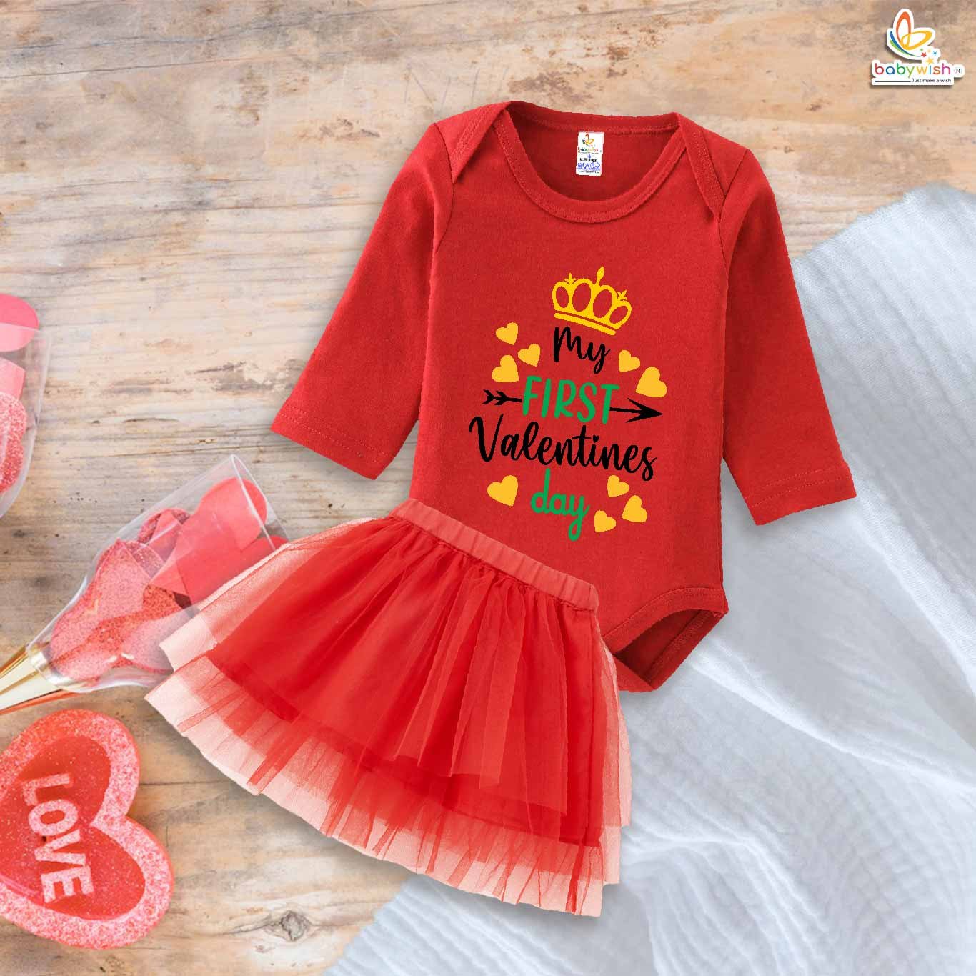 Babywish Newborn girls tutu skirt Full Sleeve romper Valentine Day print onesies bodysuits for baby 0 to 12 months