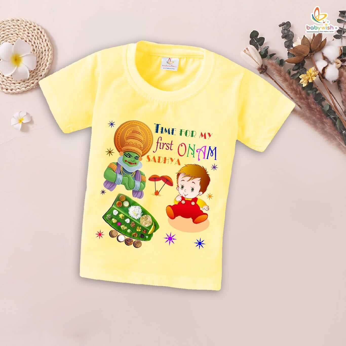 Onam Festivals T-Shirt for Boys and Girls, Half Sleeve Cute Topwear for Kids, Perfect Onam Celebration Outfit Babywish