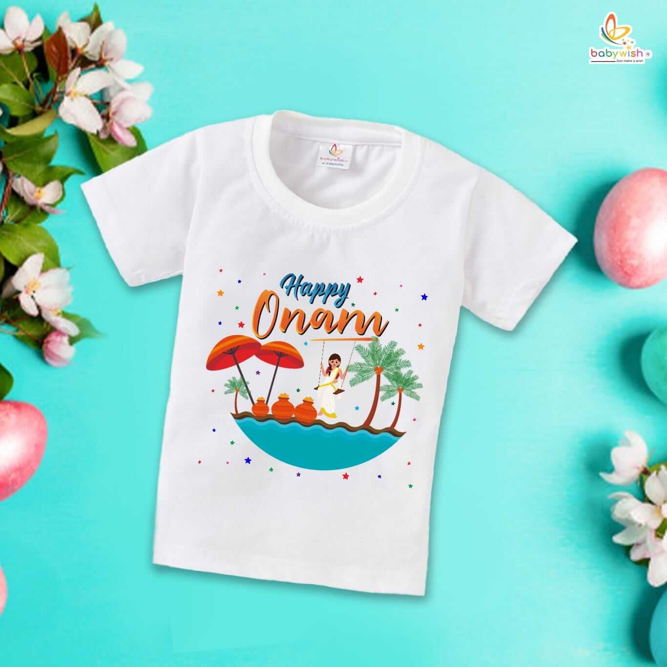 Onam T-Shirt for Boys and Girls, Festival Celebration Tee, Soft Cotton Half Sleeve Topwear, Kerala Onam Outfit for Kids Babywish