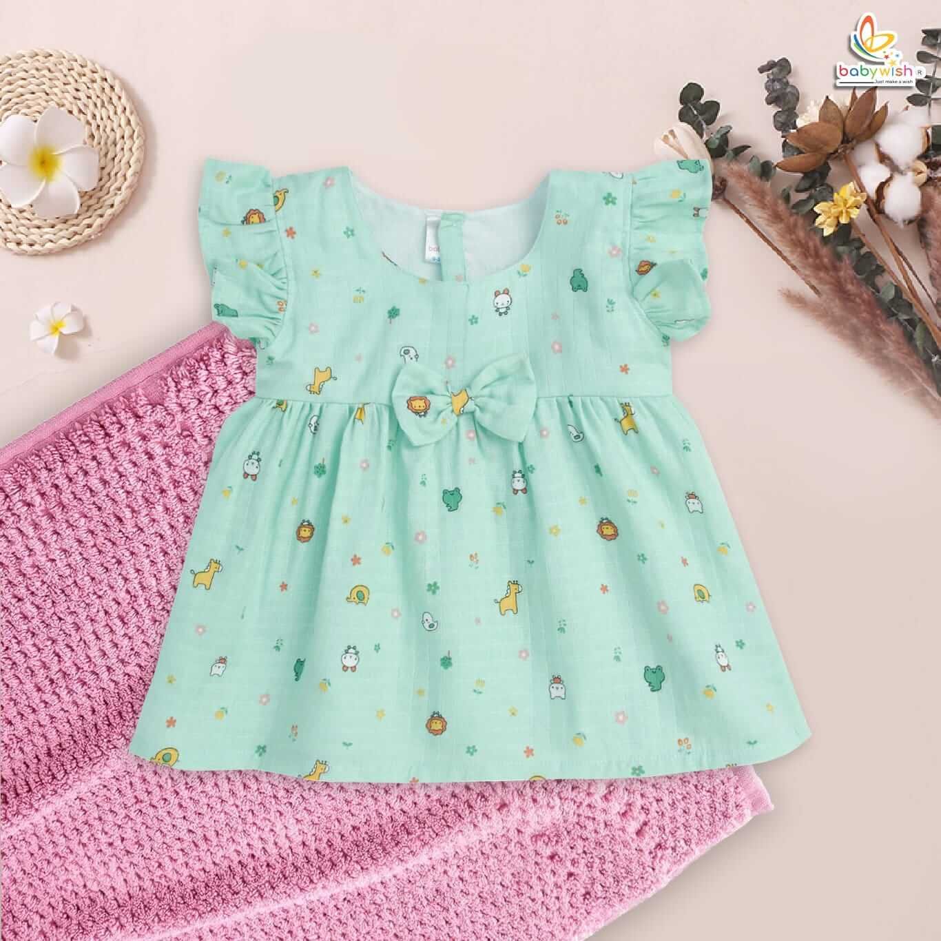Babywish Baby Girl Organic Muslin Frock Newborn Girl Knee Length Dress Multi Theme Printed Lion Print Sea Green