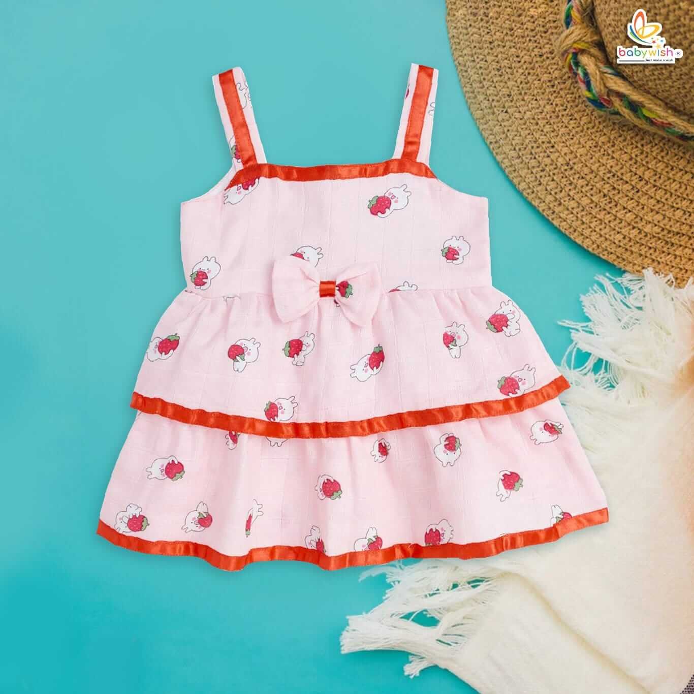 Babywish Baby Girl Organic Muslin Frock Newborn Girl Knee Length Dress Multi Theme Printed Teddy Print Pink