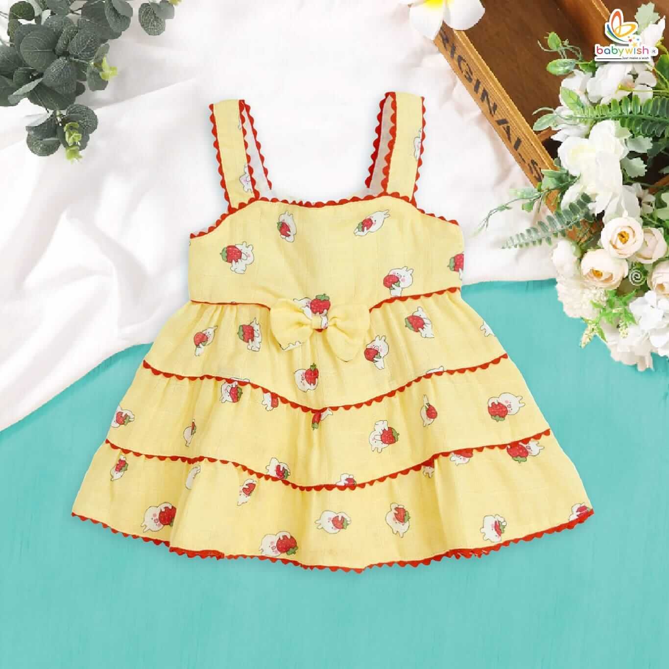 Babywish Baby Girl Organic Muslin Frock Newborn Girl Knee Length Dress Multi Theme Printed Teddy Print Yellow