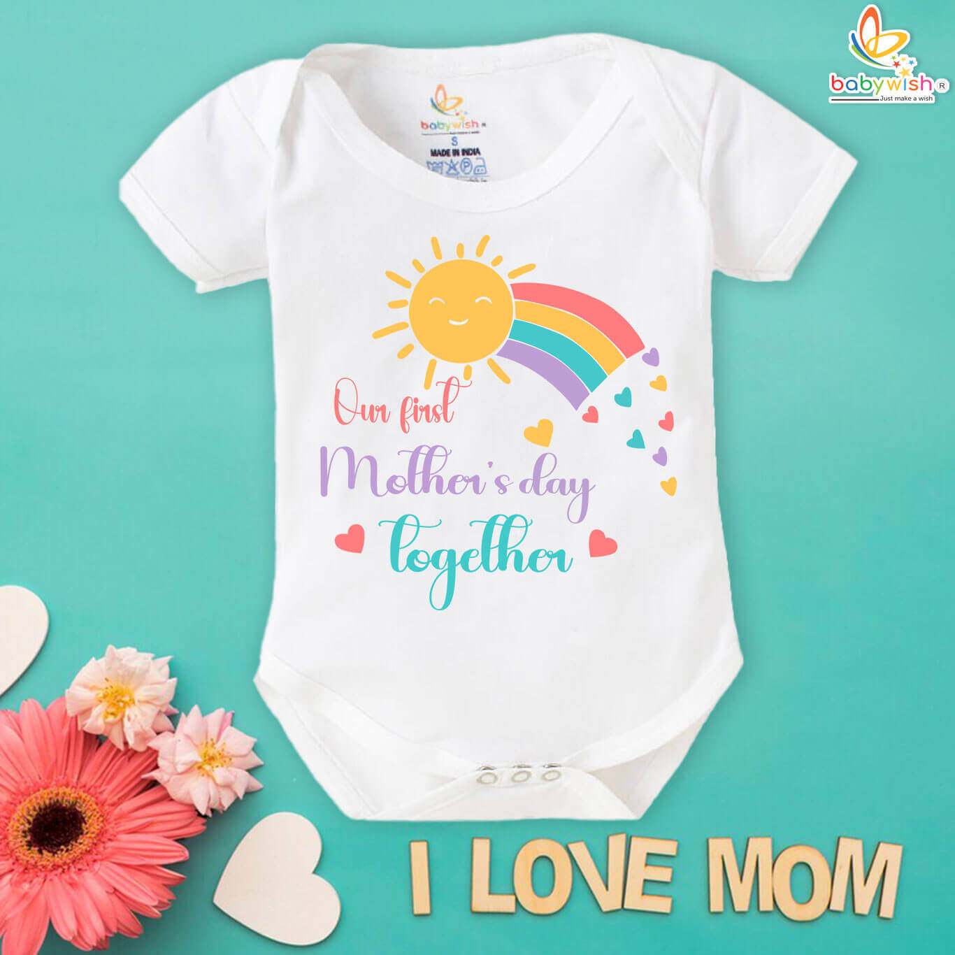 our first mothers day romper with rainbow & sun sun print