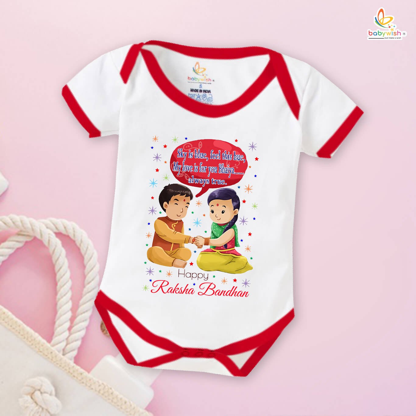 Rakshabandhan Romper for Kids, Brother Sister Matching Outfit, Cute Rakhi Festival Gift, Soft Cotton Half Sleeve Onesie for Boys & Girls – Babywish