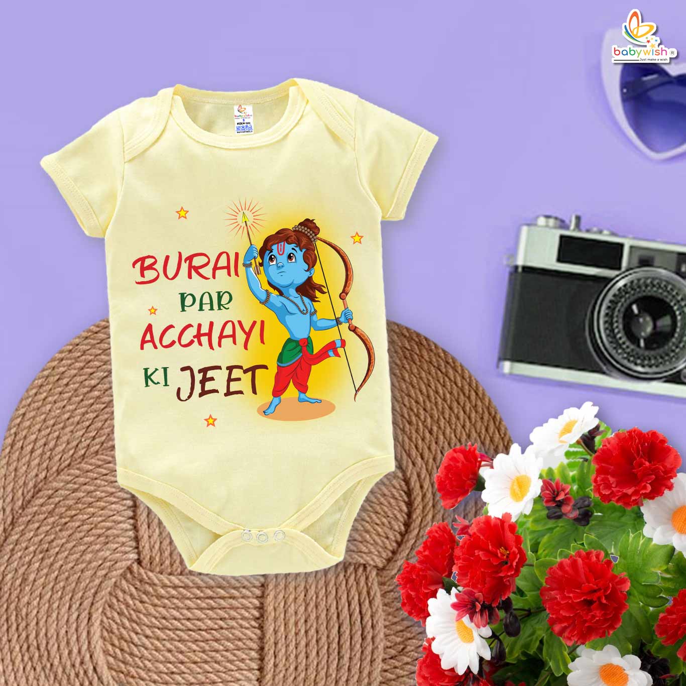 My First Ramnavmi Romper – Baby Bodysuit with “Burai Par Acchayi Ki Jeet” Quote | Spiritual Hindu Festival Outfit for Infants by Babywish - Image 3