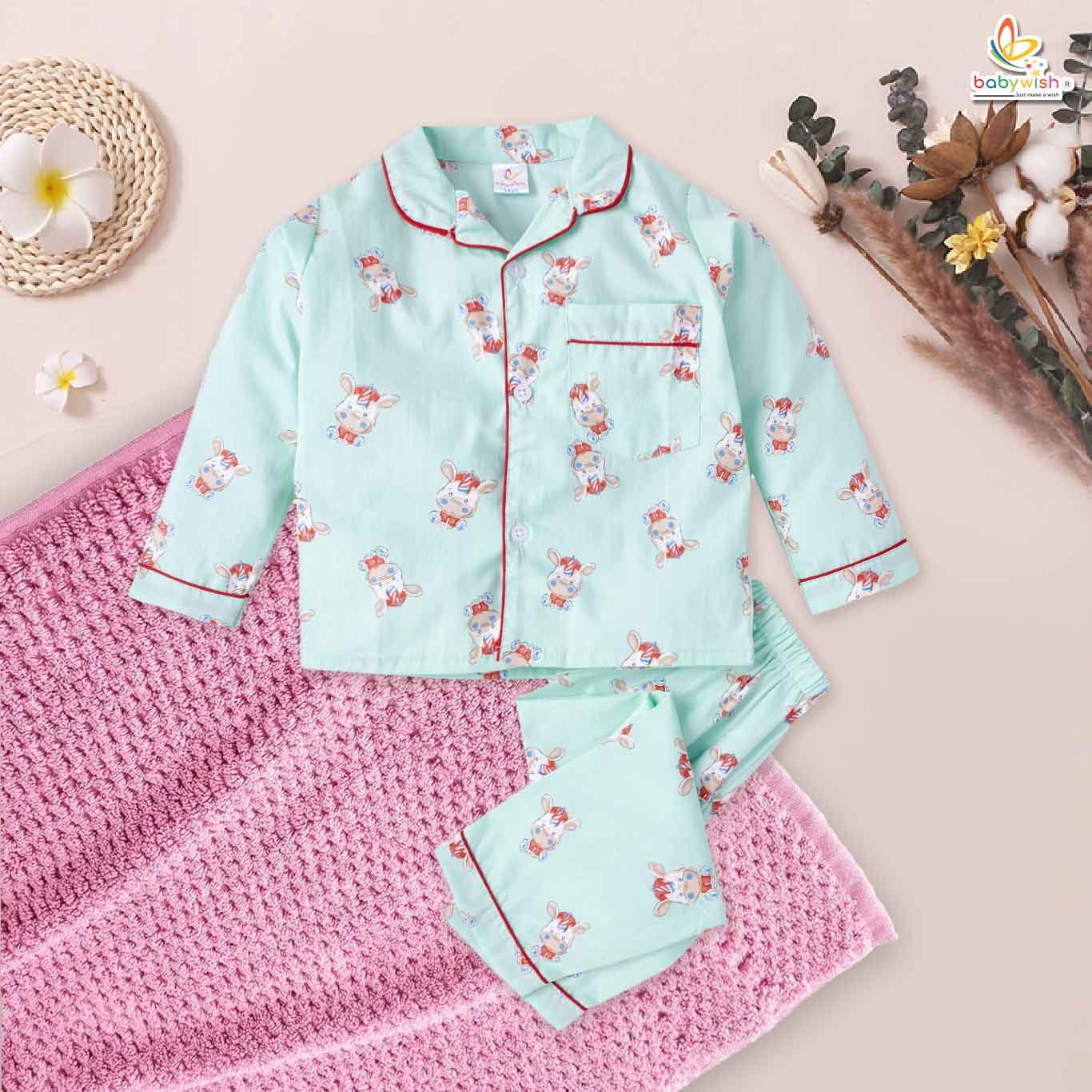 Babywish Kids Sleepsuit for Baby Boy’s and Girl’s Topwear and Pajamas Set Long Sleeve Sleepwear Baby Clothing Sets - Sea Green Unicorn Print