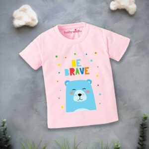 Summer T Shirt For Kids Be Brave Bear Print Pink Cotton Half Sleeve Tee For Girls