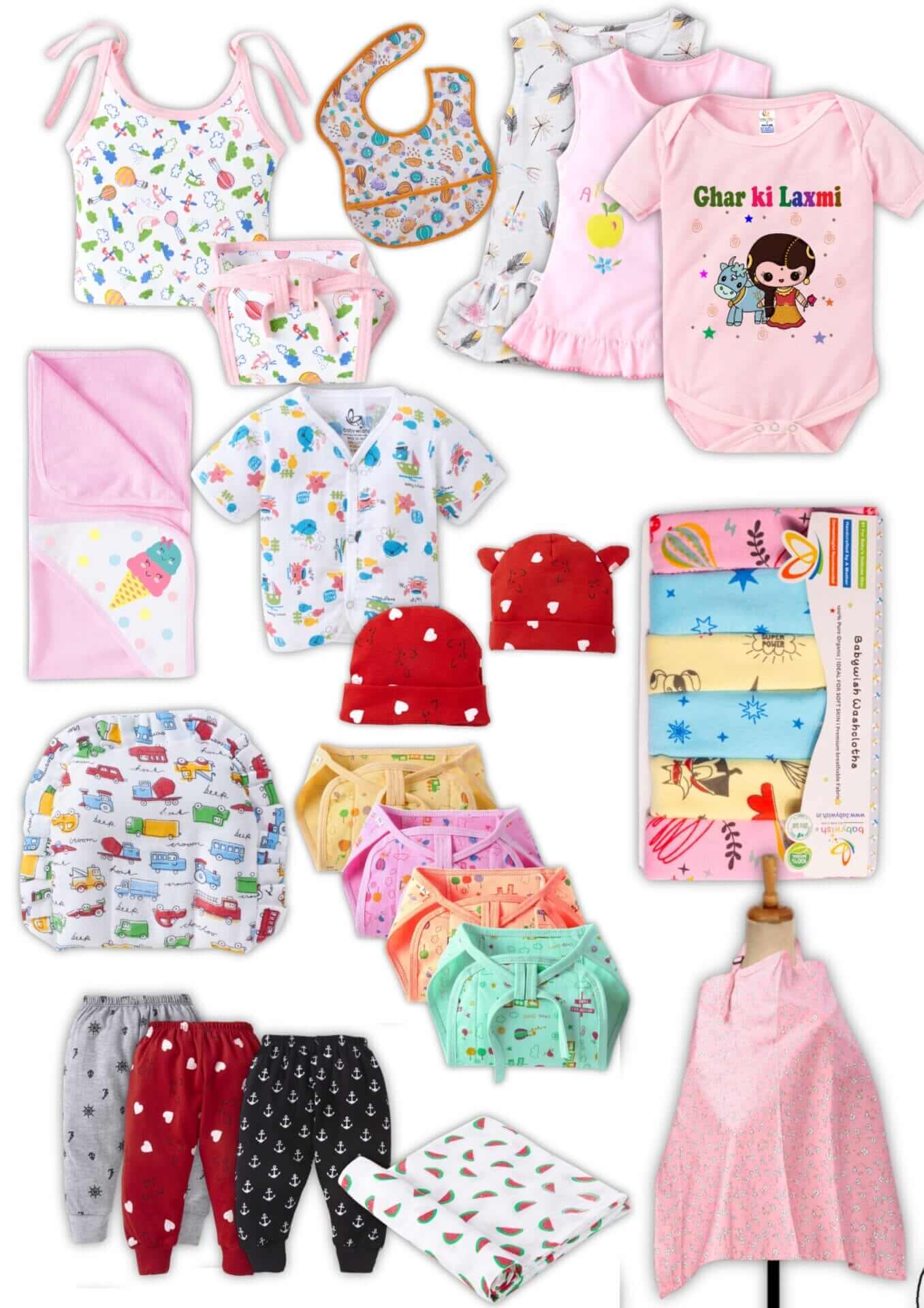 Newborn Baby Essentials Clothing Gift Set for Baby Girls Pink Color | Romper, Dress, Bib, Cap, Blanket, Jabla & Bottom Wear Combo | Babywish
