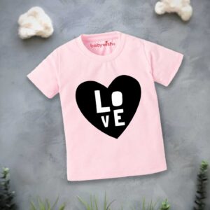 Baby pink kids t-shirt with black heart love print soft cotton summer wear