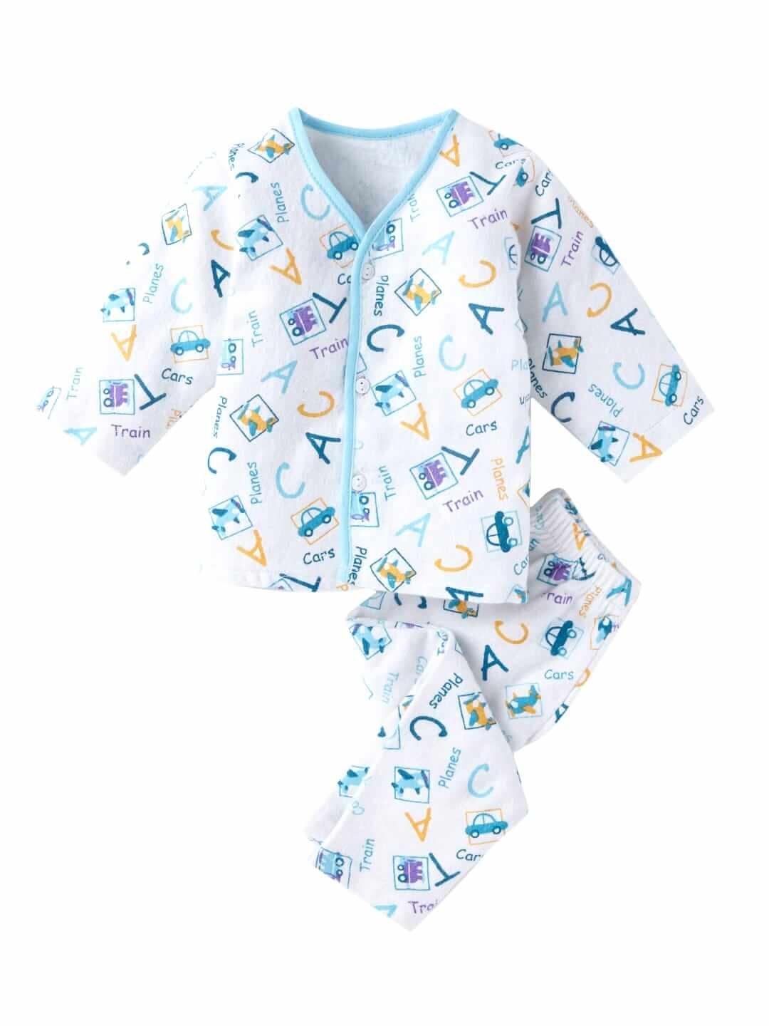 Kids Top Bottom Baby Jhabla Set – Full Sleeve Pure Flannel T-shirt & Pajama Set for Babies, Blue Flannel Alphabet Print, Warm and Comfortable Outfit for Boys & Girls