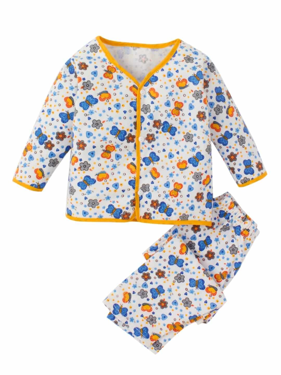 Kids Top Bottom Baby Jhabla Set – Full Sleeve Pure Flannel T-shirt & Pajama Set for Babies, Blue Butterfly Print, Soft, Warm & Comfortable Outfit for Boys & Girls