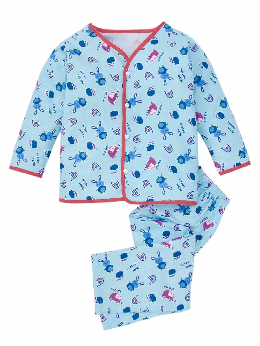 Kids Top Bottom Baby Jhabla Set – Full Sleeve Pure Flannel T-shirt & Pajama Set for Babies, Blue Nice Car Vector Print, Soft, Warm & Comfortable Outfit for Boys & Girls
