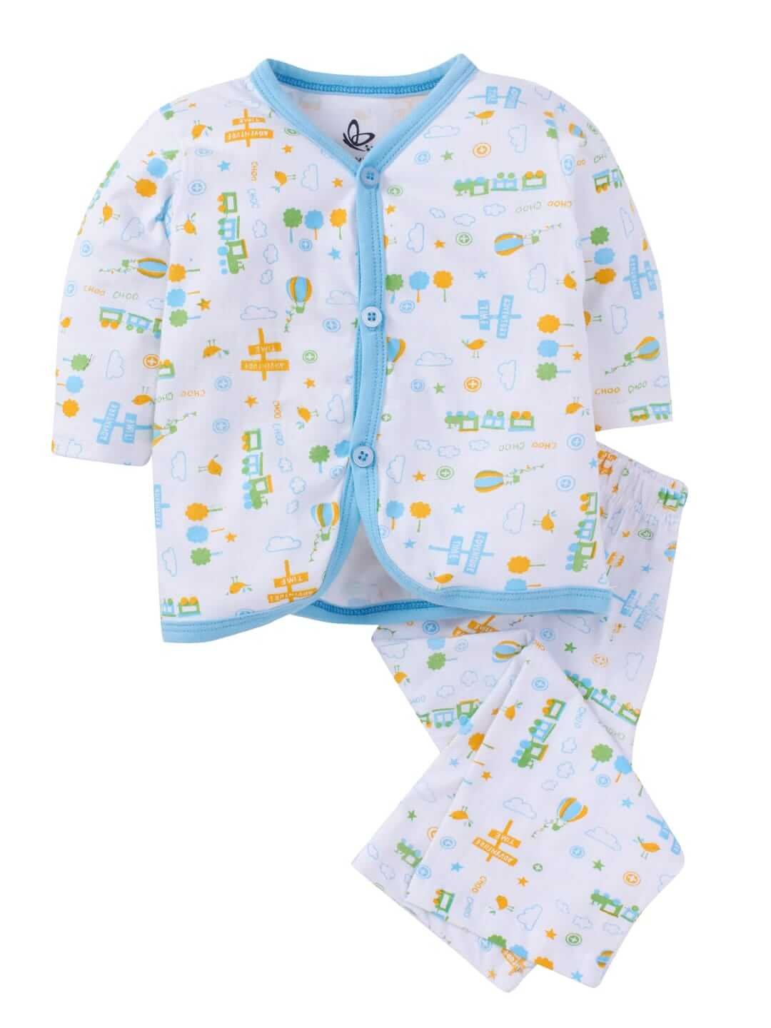 Kids Top Bottom Baby Jhabla Set – Full Sleeve Pure Cotton T-shirt & Pajama Set for Babies, Blue Magic Train Print, Comfortable and Soft Outfit for Boys & Girls