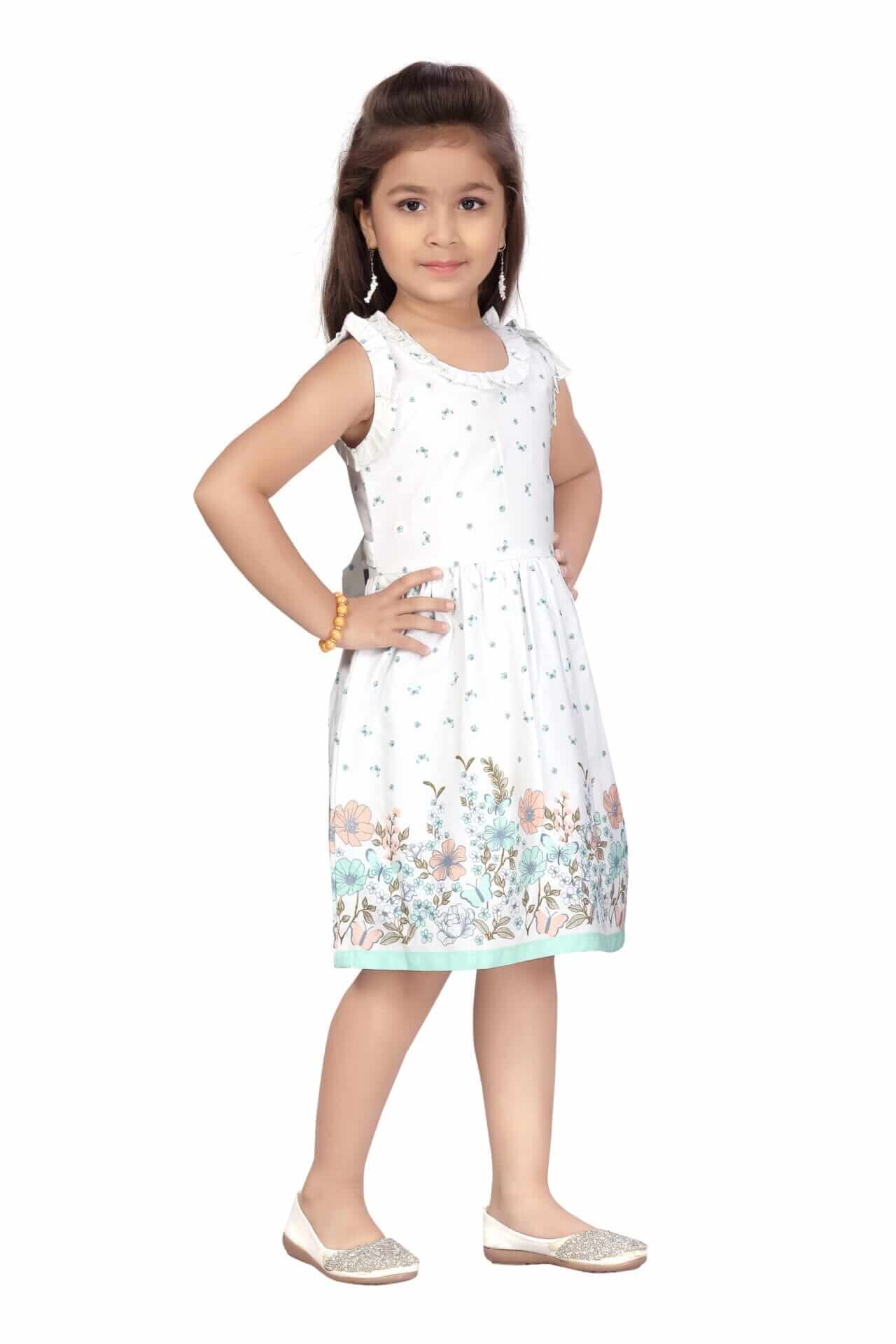 Girls Floral Print Knee Length Cotton Dress – Flutter Sleeve Party Frock - Image 5