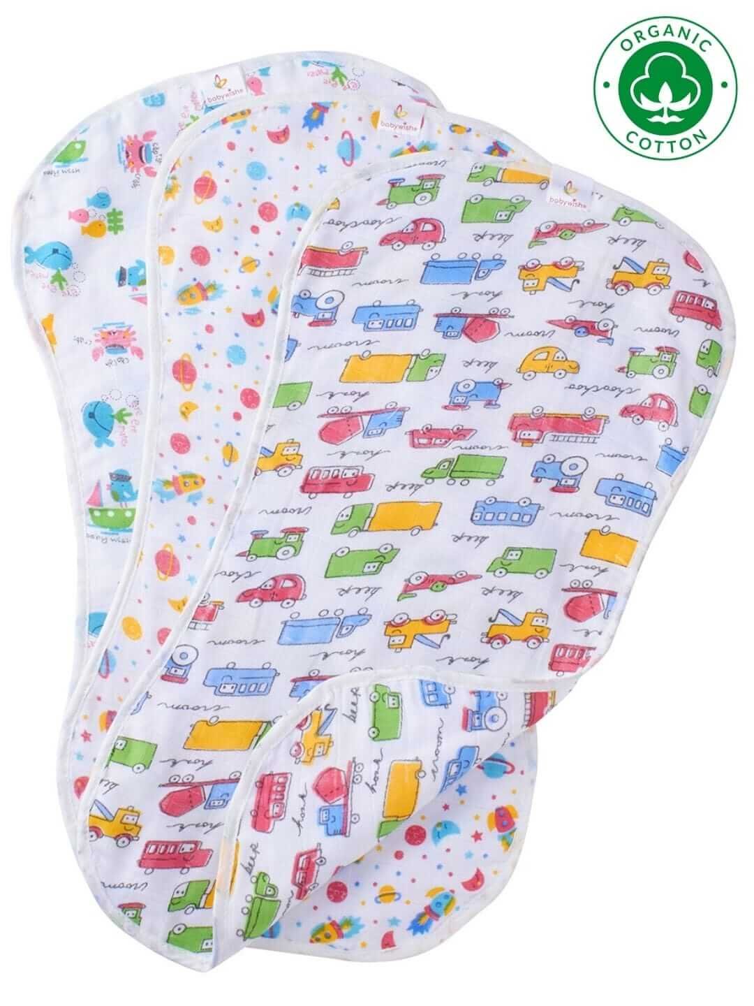 Organic Burp Cloths for Baby Boys and Girls, Triple Layer Soft Muslin, Multipurpose Burp Cloth Gift Set, Car Space & Marine Theme, Ideal Newborn Essentials, Set of 3