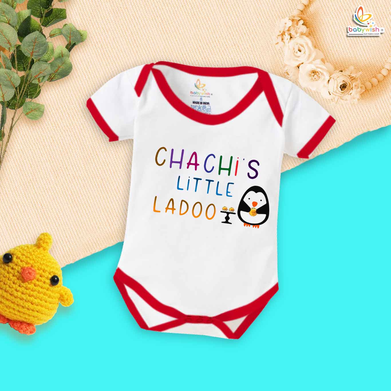 Chachi's Little Ladoo printed baby romper soft cotton newborn onesie white red design