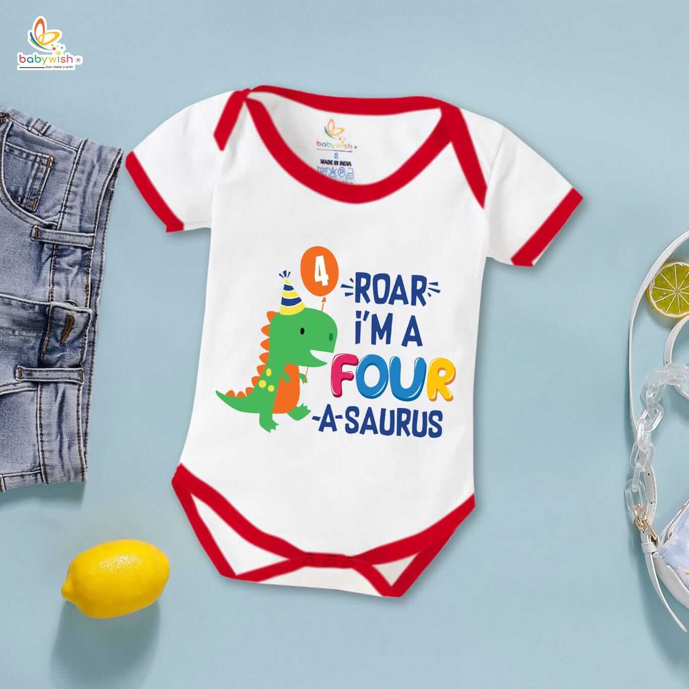 Babywish Dinosaur 4th Birthday Baby Romper – Roar I’m A Four-A-Saurus Printed Half Sleeve Cotton Onesie for Boys & Girls - Image 5