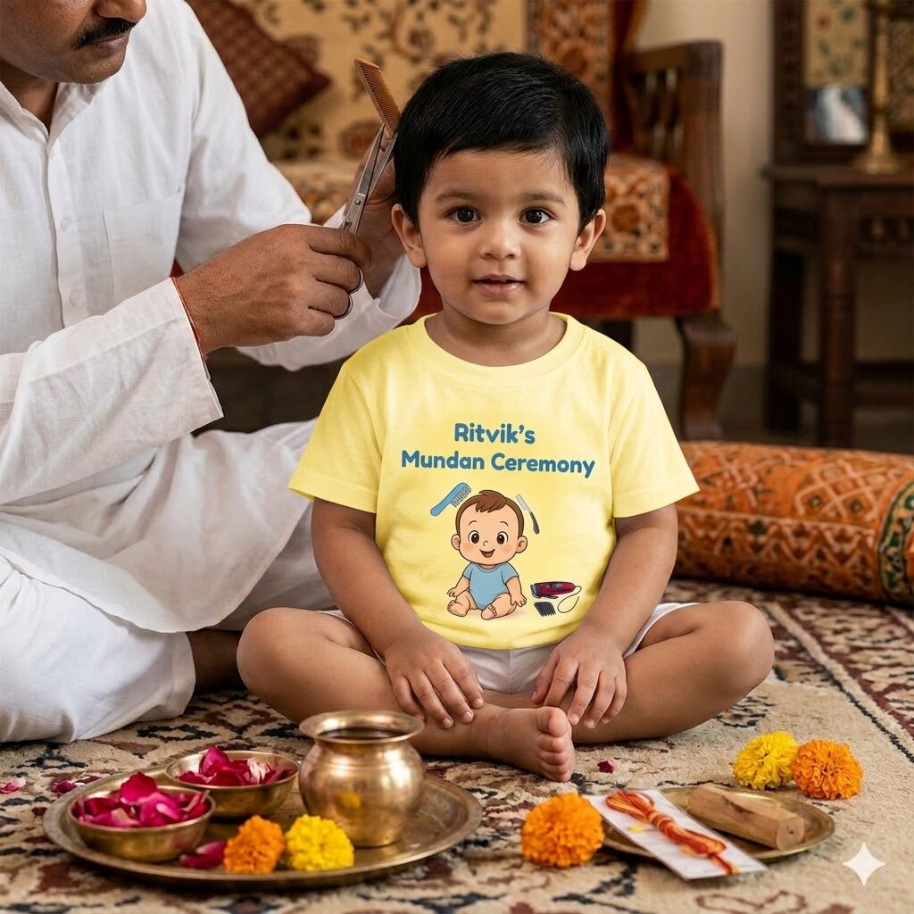 Personalized Mundan Ceremony Kids T-Shirt with Custom Name Print | Mundan Function Cotton Tee for Boys & Girls | Baby Hair Ceremony Outfit |  Babywish