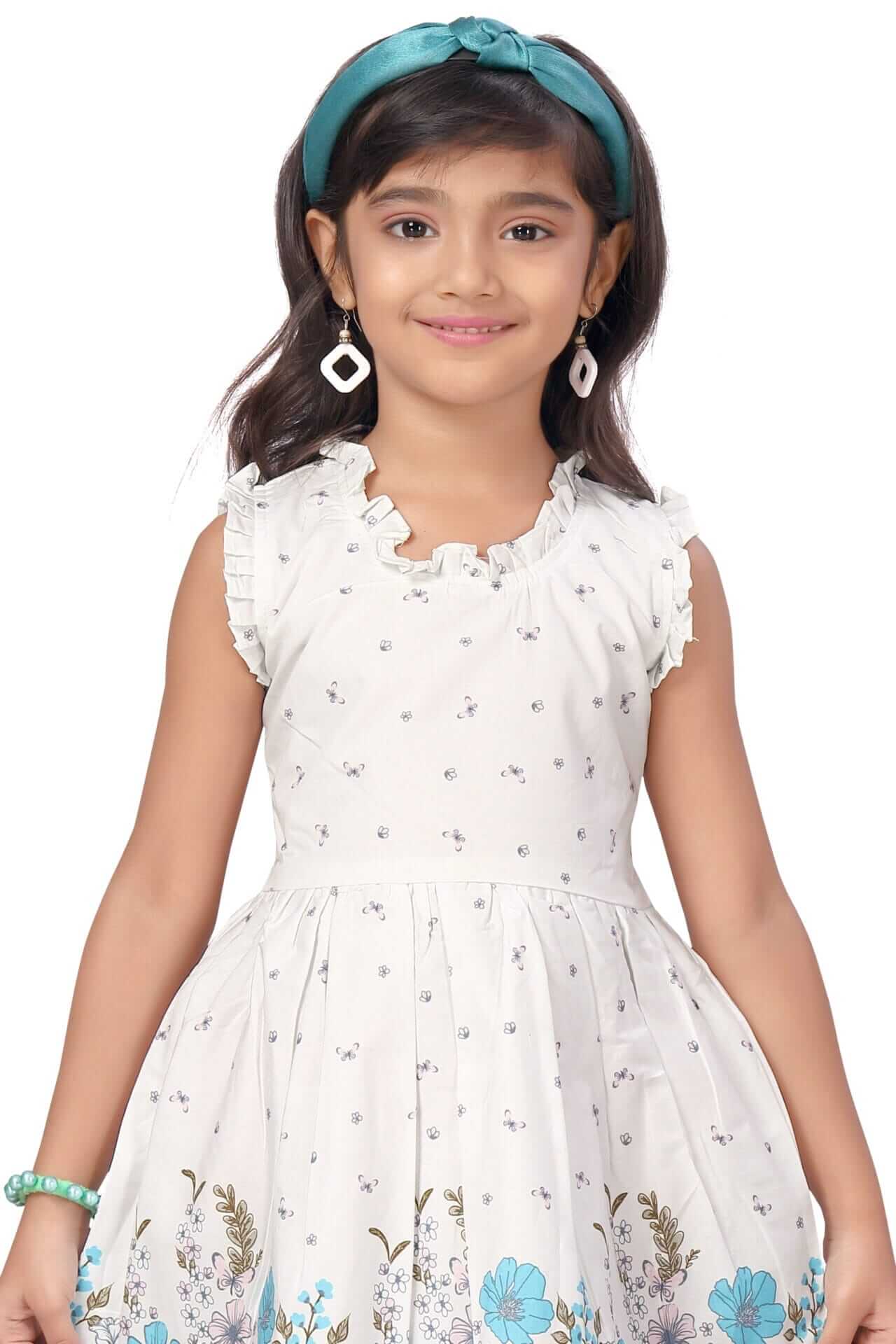 Girls Floral Print Knee Length Cotton Dress – Flutter Sleeve Party Frock - Image 12